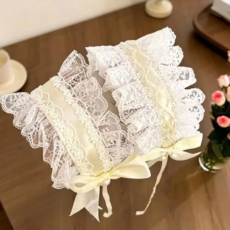 Lolita Soft Lace Hair Clip Satin Bow Pearl Ruffle Frill Ribbon Hairbands for Women Cosplay Fairy Halloween Hair Accessories