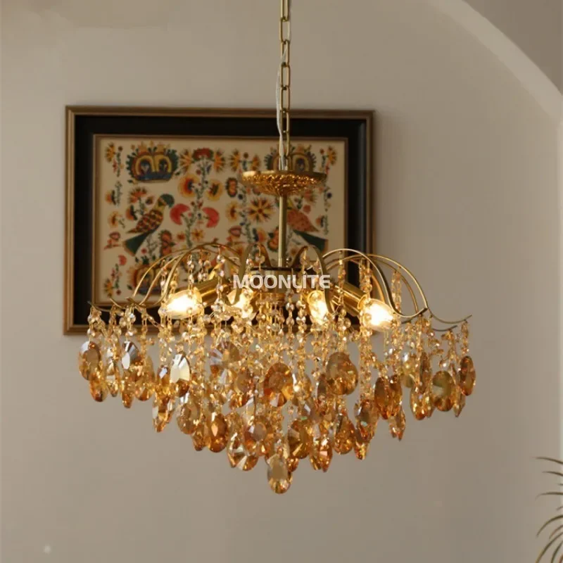 French romantic crystal chandelier American retro copper chandelier bedroom living room cloakroom