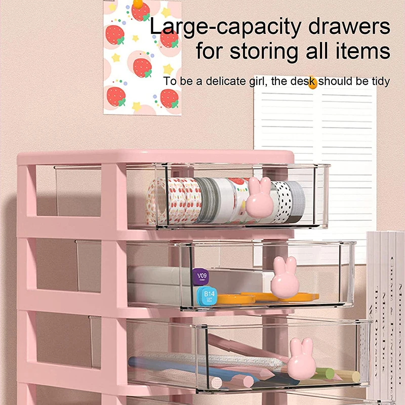 Cartoon Desktop Storage Box Transparent Pink Drawer Desk Plastic Mini Storage Box Rabbit Stationery Makeup Organizer