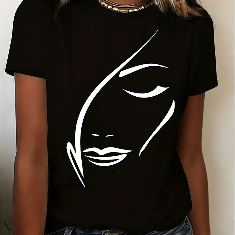 Line Face Print T-shirts for Women Summer Casual Fashion Minimalist Loose Streetwear Tops High Quality O-Neck Short Sleeve Tees