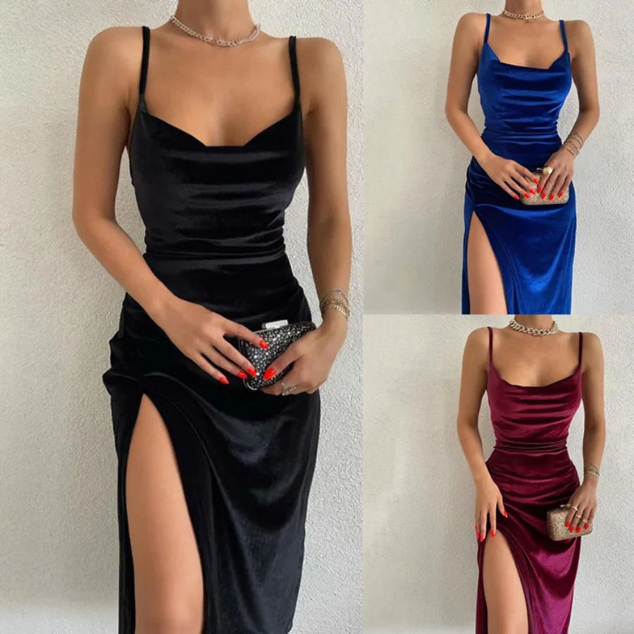 

【New style】Women's clothing summer new sexy slim slit velvet suspender party dress