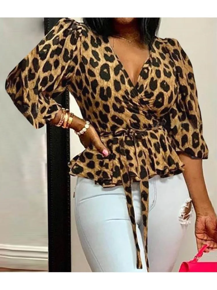 

Fashion Long-sleeved V-neck Waisted Tops For Women Elegant Spring Summer Leopard Printing Casual Lace-up Cardigan Tops Female