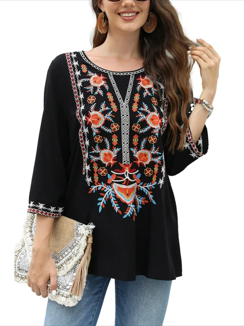 Boho Ethnic Floral Embroidered Blouse Tunic Women Rayon Vintage Black 3/4 Sleeve Loose Bohemian Mexico Casual Ladies Pullover