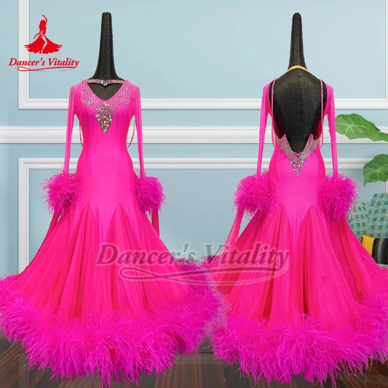 Ballroom Dance Rose Color AB Stones Perform&Contest Dresses Dancer's Vitality Adult Women Waltz Sexy Backless Outfit Customized