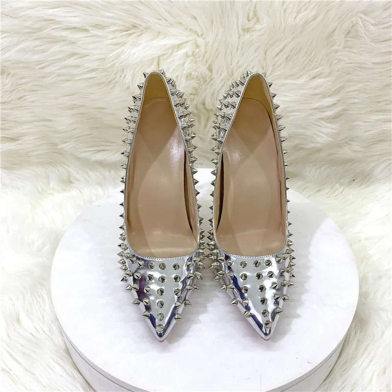 Keshangjia Silvery Bright light Women Full Punk Rivets Pointed Toe High Heels Sexy Ladies Spikes Stilettos Pumps WomanClub Party