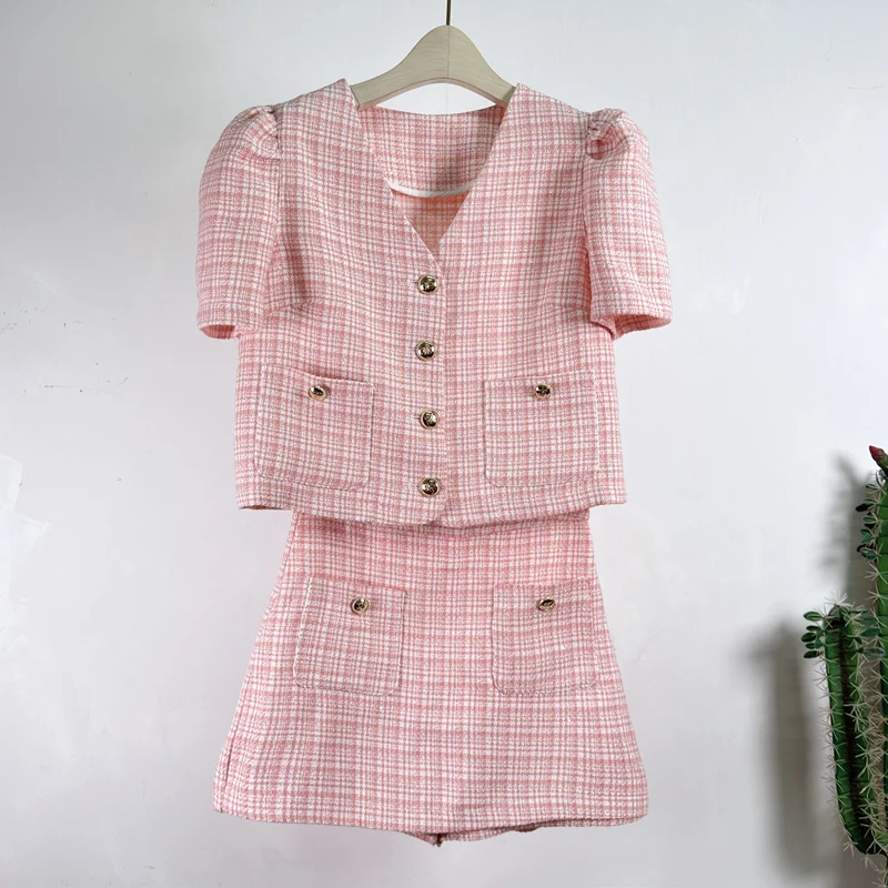 French Small Fragrance Plaid Pink Women Suit Short Sleeve Coat + Skirt Short Fashion Tweed Korea Chic Two-piece Lady Set Summer