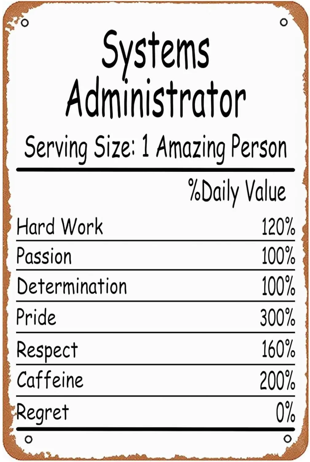 Systems Administrator Amazing Person Daily Value Sign Wall Decor Art Poster Vintage Metal Tin Sign for Funny Garage Bathroom Off