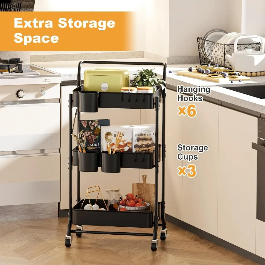 3 Tier Foldable Rolling Cart with Wheels for Kitchen Office Nursery Storage Organization Collapsible Utility Cart with 3 Hangin