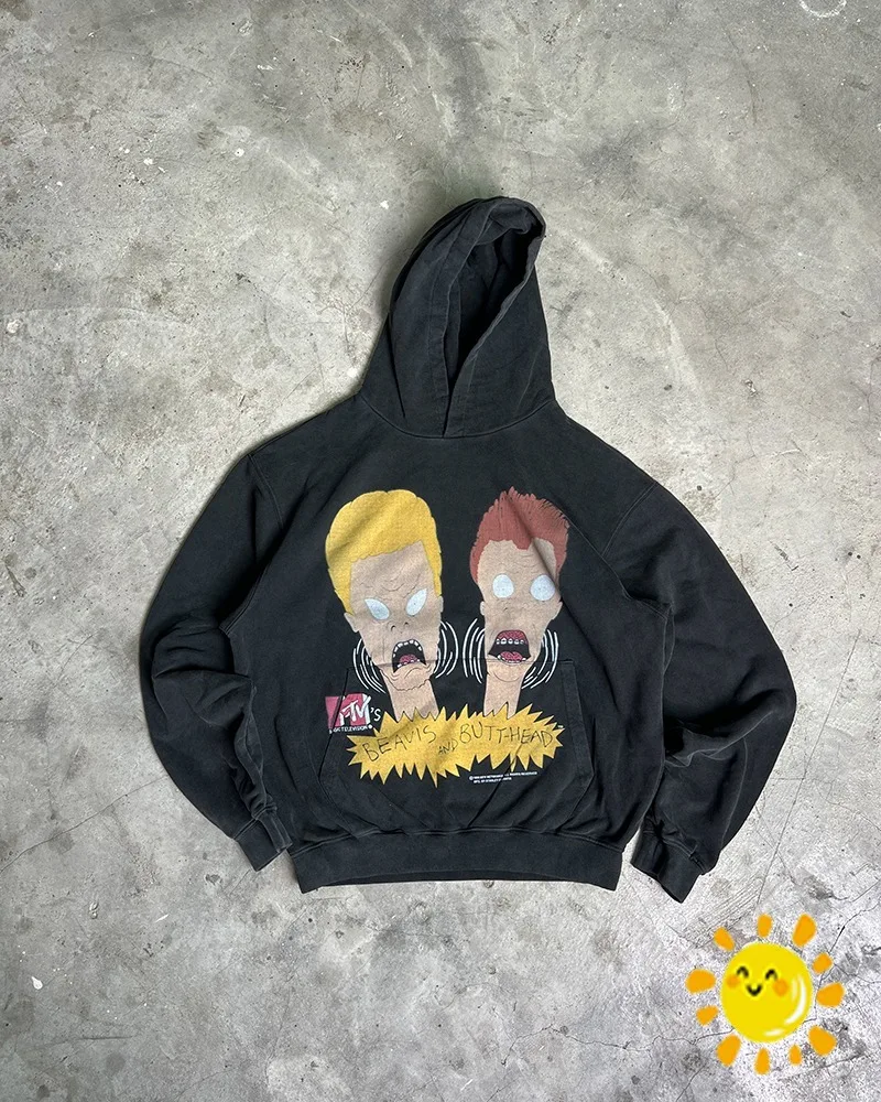 

24SS Vintage Oversized BEAVIS AND BUTTHEAD Cartoon Print Hoodie Men Women 1:1 Best Quality Hooded Pullovers