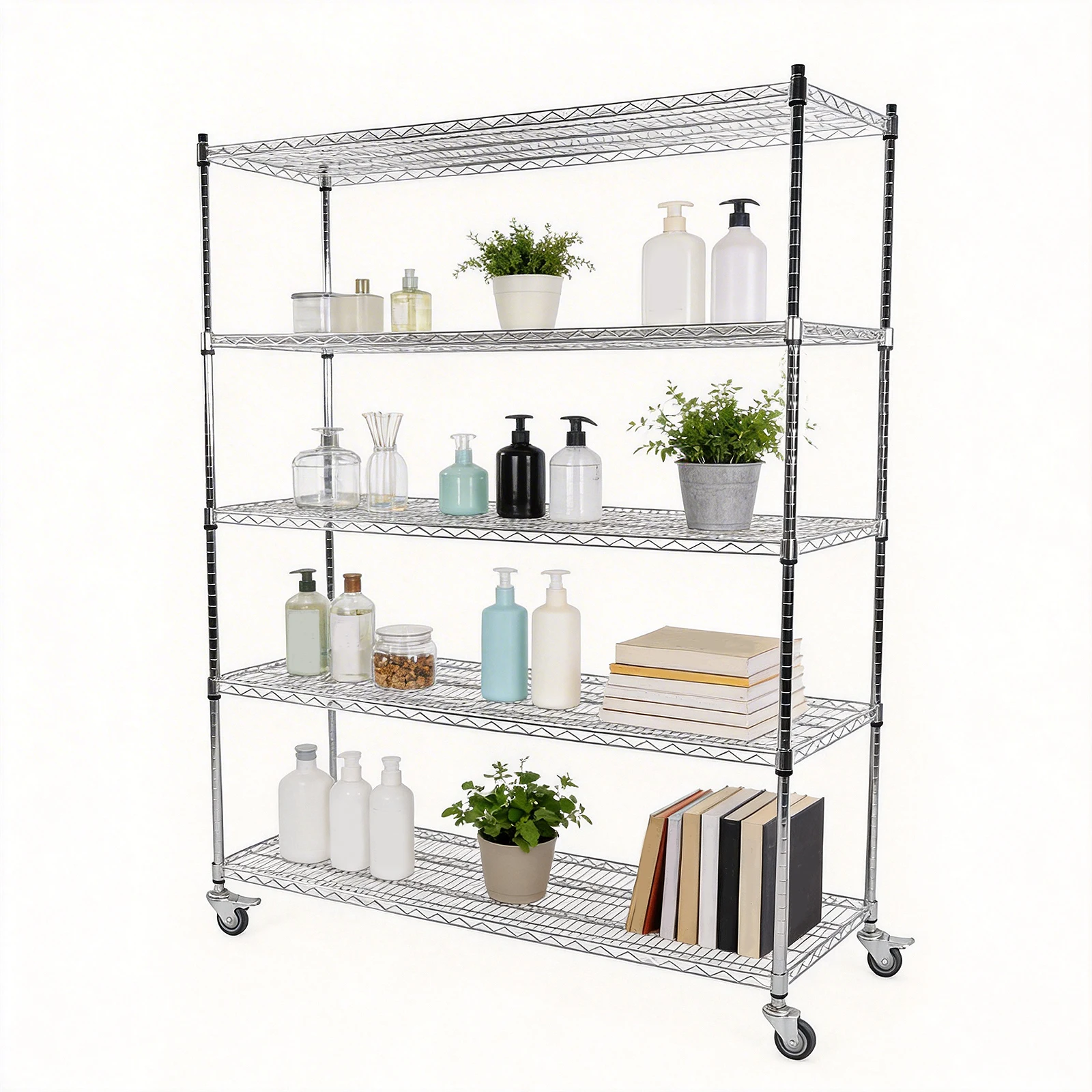 

5-Tier Stainless Steel Adjustable Metal Shelving Rack with Wheels Liners Wire Storage Shelving for Kitchen Pantry Garage
