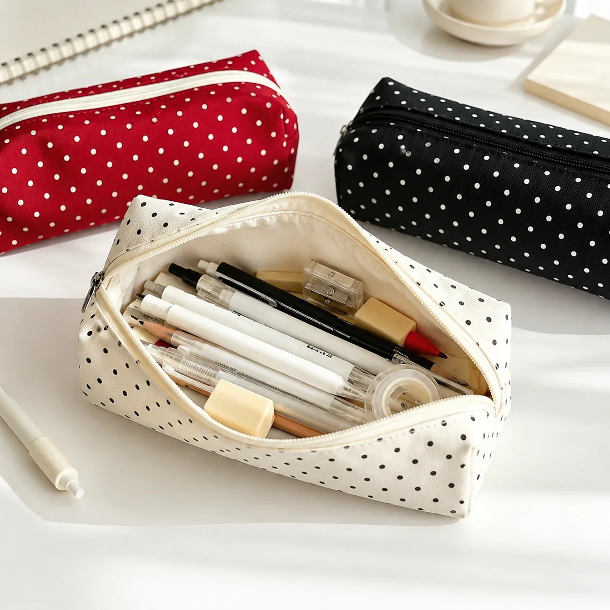Polka Dot Pencil Case Set Large Capacity Canvas Zipper Pen Pouch for Students School Office Travel Makeup Storage