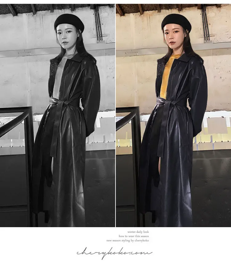 Autumn Long Black Cool PU Leather Trench Coat for Women Belt Single Breasted Loose Korean Fashion Wholesale Clothes  2024