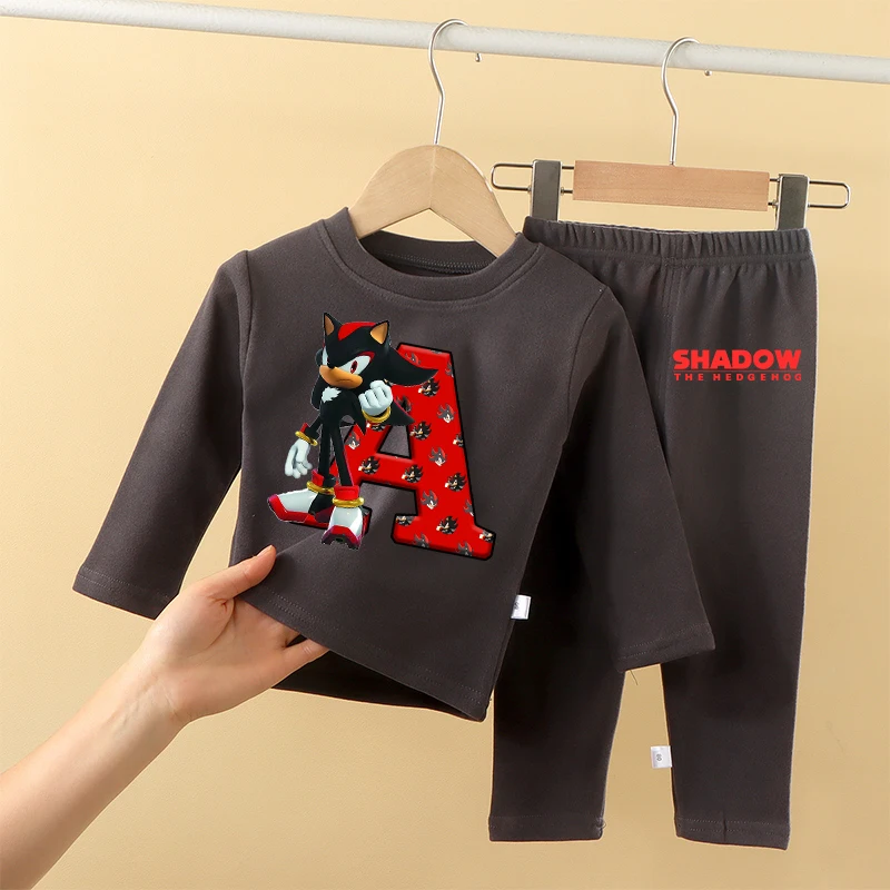 2PCS Sonics Kids Black Pajamas Set Game Printed Letter A-Z Autumn Winter Warm Tops Boys Girls Children Clothing Sleepwear Gift