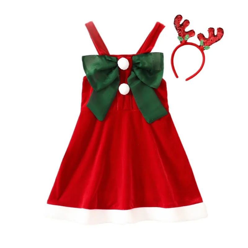 Christmas Cosplay Costume Contrasting Bow Suspender Velvet Dress Headband Suits Holiday Theme Party Role Playing Outfits Girls