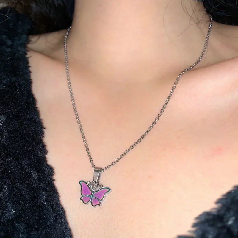 Butterfly Pendant Stainless Steel Chain Necklace Whose Color Changes with Temperature Necklaces for Women Jewelry Clavicle Chain