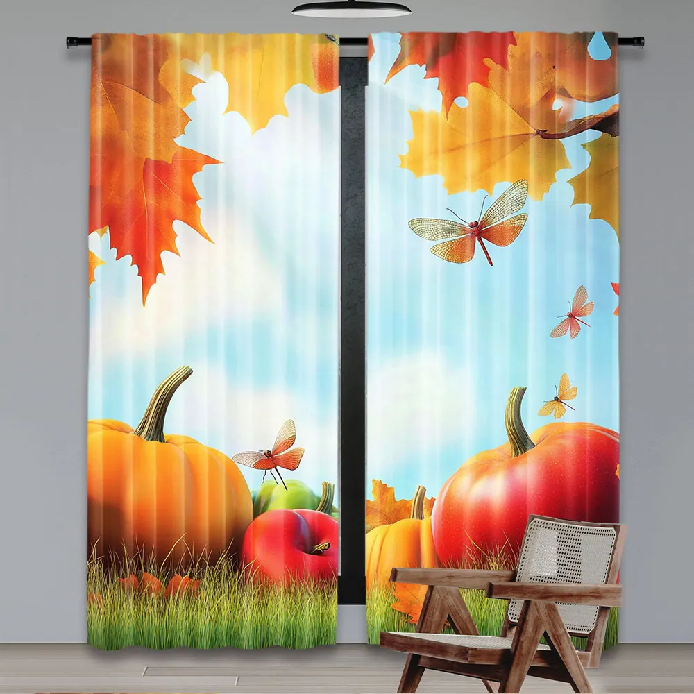 2Pcs Harvest Curtain Fall Season Yield Thanksgiving Image Fallen Leaves Branches Pumpkins Curtain Suitable For Living Room