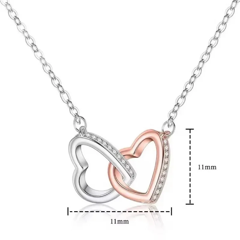 S925Plata corazón a corazón doble anillo collar de plata estilo coreano colgante Simple cadena de clavícula regalo del Día de San Valentín plata Acc