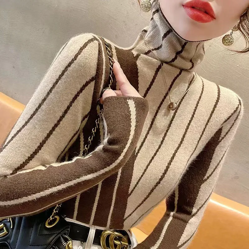 Women Turtleneck Spliced Striped Sweaters Early Spring Vintage Y2k Fashion Soft Comfortable Knitted Pullover Elasticit Knitwear