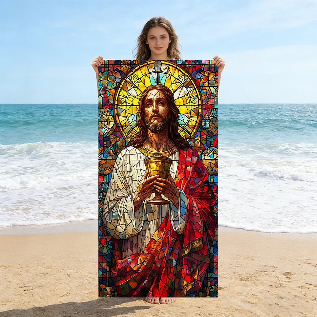 1pc Solemn Statue of Jesus Beach Towel Large Quick-drying Towel Suitable for Beach Pool Yoga Towel Summer Gift for Friends