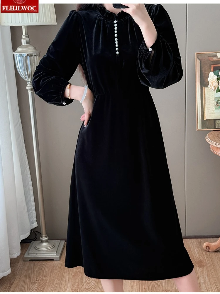 فساتين قميص أسود مخملي تصميم فرنسي ساخن امرأة السنة الجديدة بلينغ زر الوقوف طوق ريترو خمر فستان طويل فساتين المؤنث #2