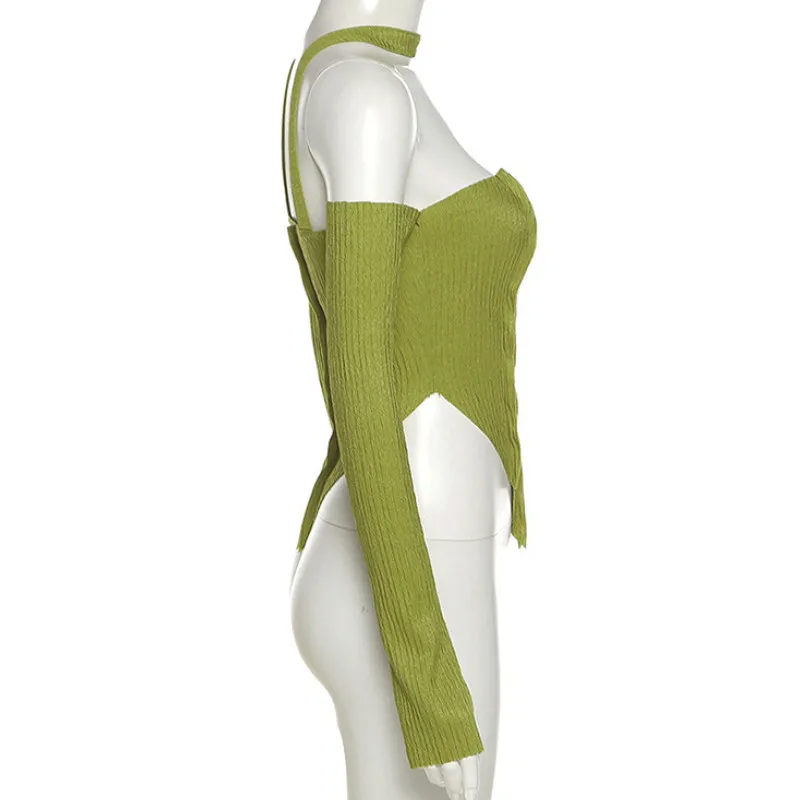 Tops cortos para mujer, ropa y2k Harajuku con cuello Halter y hombros descubiertos, camiseta Sexy de manga larga de Color sólido con corsé para mujeres jóvenes