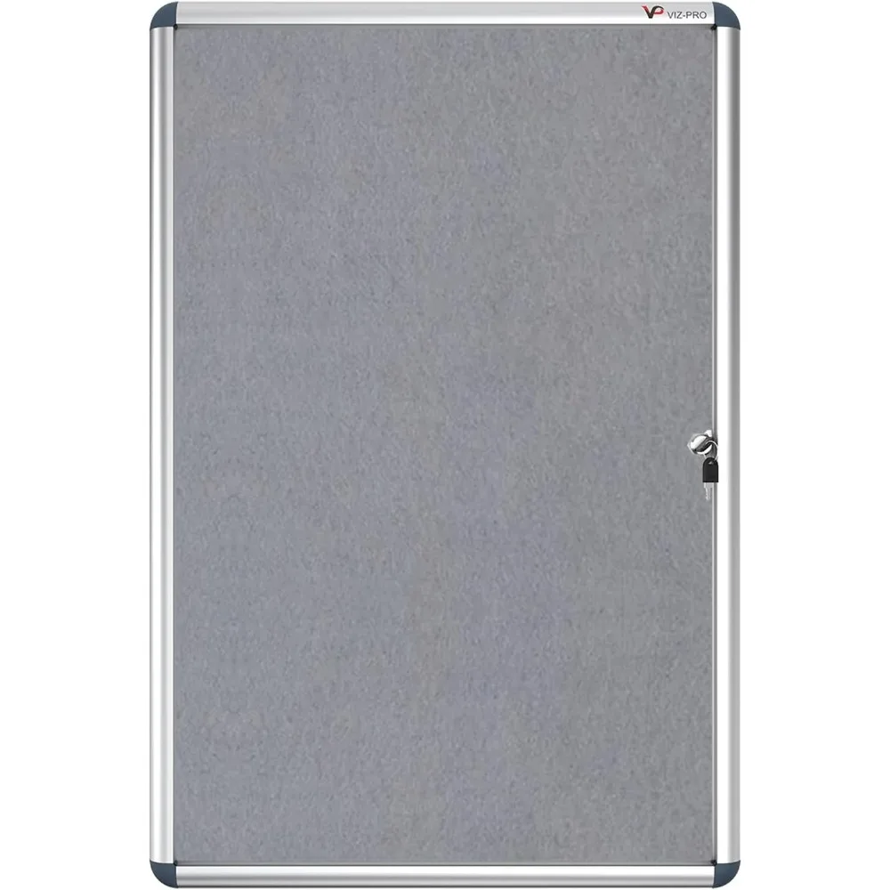 VIZ-PRO Noticeboard de tecido cinza com tampa à prova de violação emoldurado em alumínio 36 x 24 polegadas