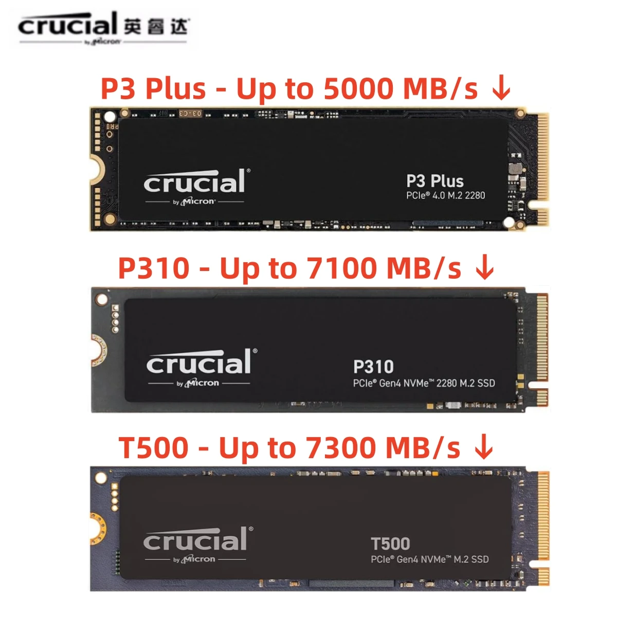 Crucial P3 Plus / P310 / T500 1 ТБ PCIe 4.0x4 3D NAND NVMe M.2 2280 SSD 2 ТБ - До 5000 МБ/с / 7100 МБ/с / 7300 МБ/с - OEM-пакет Crucial P3 Plus / P310 / T500 1 ТБ PCIe 4.0x4 3D NAND NVMe M.2 2280 SSD 2 ТБ - До 5000 МБ/с / 7100 МБ/с / 7300 МБ/с - OEM-пакет