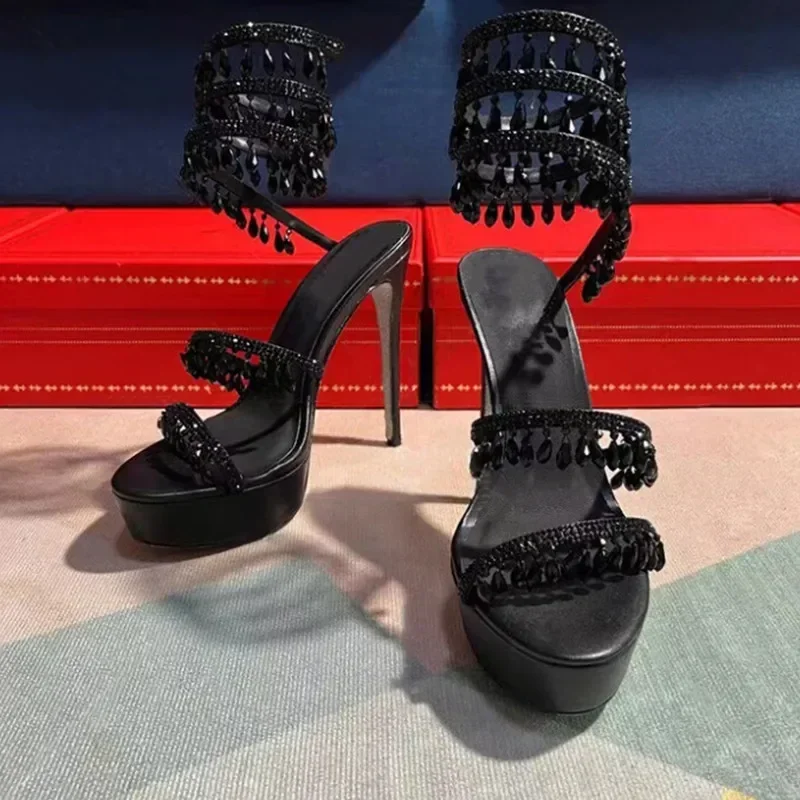 2026 Summer New Round Toe Thick Sole Sandals with Snake Twisted Beaded Water Diamond Thin Heel High Heel Sandals for Women