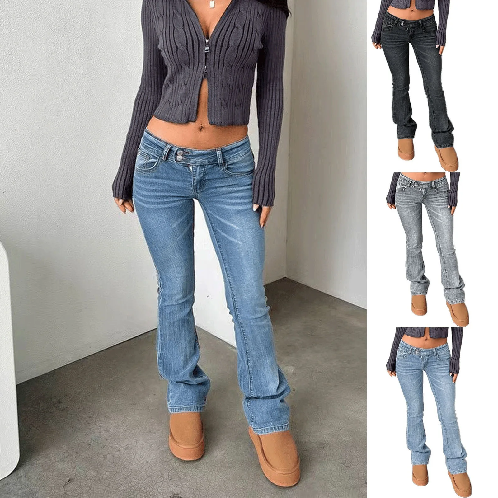 

Women's Fashionable High Waist Skinny Jeans Micro Flared Long Trousers Street Style Washed out Elastic Denim Pants