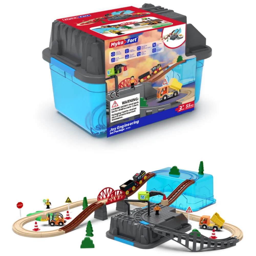 55pcs/set Wooden Railway Track Set Electric Train Magnetic Car Diecast Slot Fit All Brand Biro Wood Track Assemble Toy Boy Gift