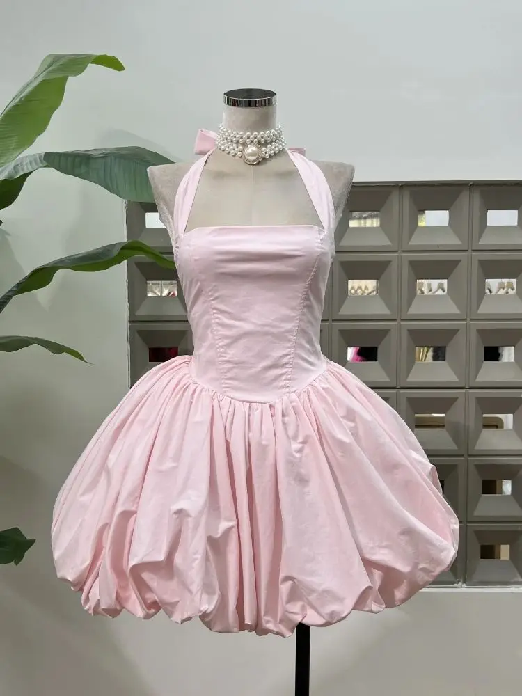 Sexy Solid Sleeveless Backless Halter Short Flower Bud Dress Fashion  A-line  Summer Evening Party Lolita Gowns Vestidos