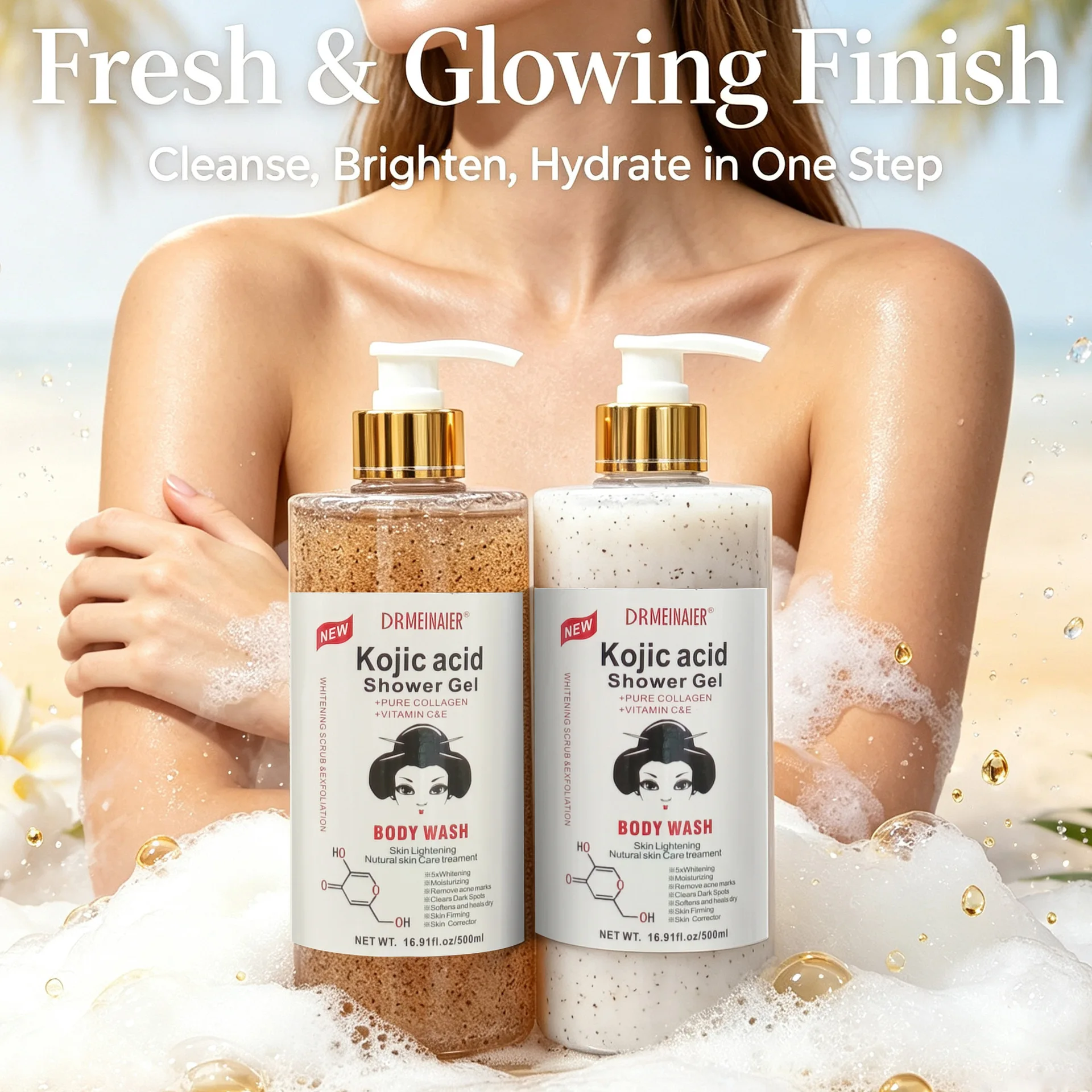 Kojic Acid Brightening Skin Tone Body Wash Contains Collagen Moisturizing Exfoliating Skin Rejuvenation Scrub Body Wash Skincare