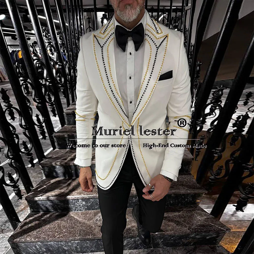 

Elegant Groom Wedding Suits Handmade Pearls Jacket Pants 2 Pieces Men's Tuxedos Tailored Made Man Business Banquet Dinner Dress