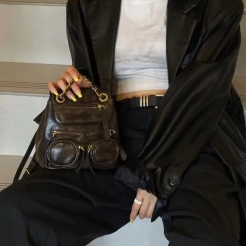 

JIAERDI Retro Chain Multi Pocket Backpack Mini Leather Small Backpack Fashion High End Versatile Luxury Mochilas Mujer Chic 2025