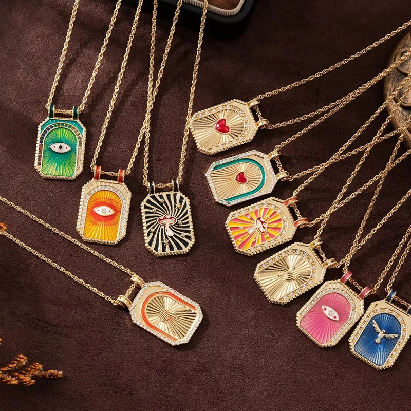 1PC Colorful Tarot Card Heart Eye Pendant Necklace Bohemian Shiny Crystal Y2k Charm Choker Necklaces Party Jewelry Gifts