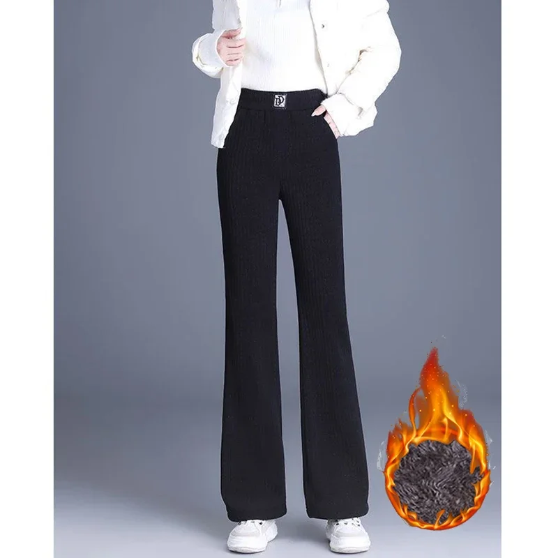 Women Retro Designer Fleece Pants 2025 Autumn Winter Lady Snow Warm Thermal Pants Female Plush High Waist Straight Leg  Trousers