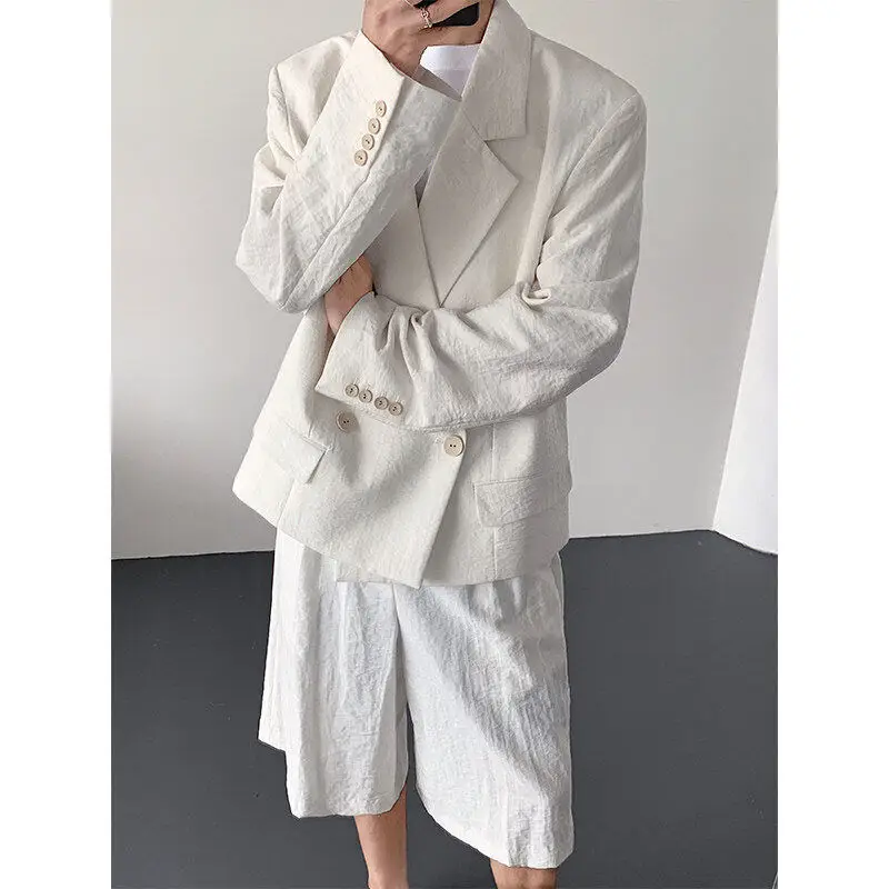 

Белый хлопково-льняной мужской костюм с брюками: модный корейский стиль, повседневный, премиум-класс, комфортный, дышащий.