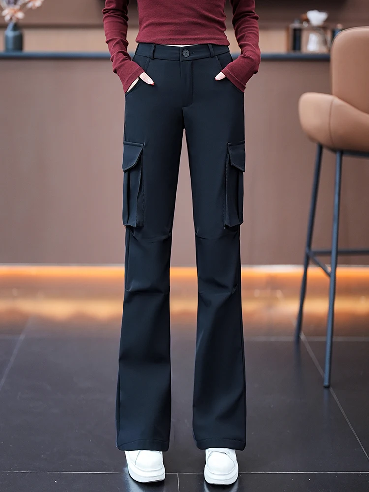 

American Style High Waist Fleece Lined Casual Straight Leg Work Pants Women's Spring Autumn Winter plus Size Flared Pants