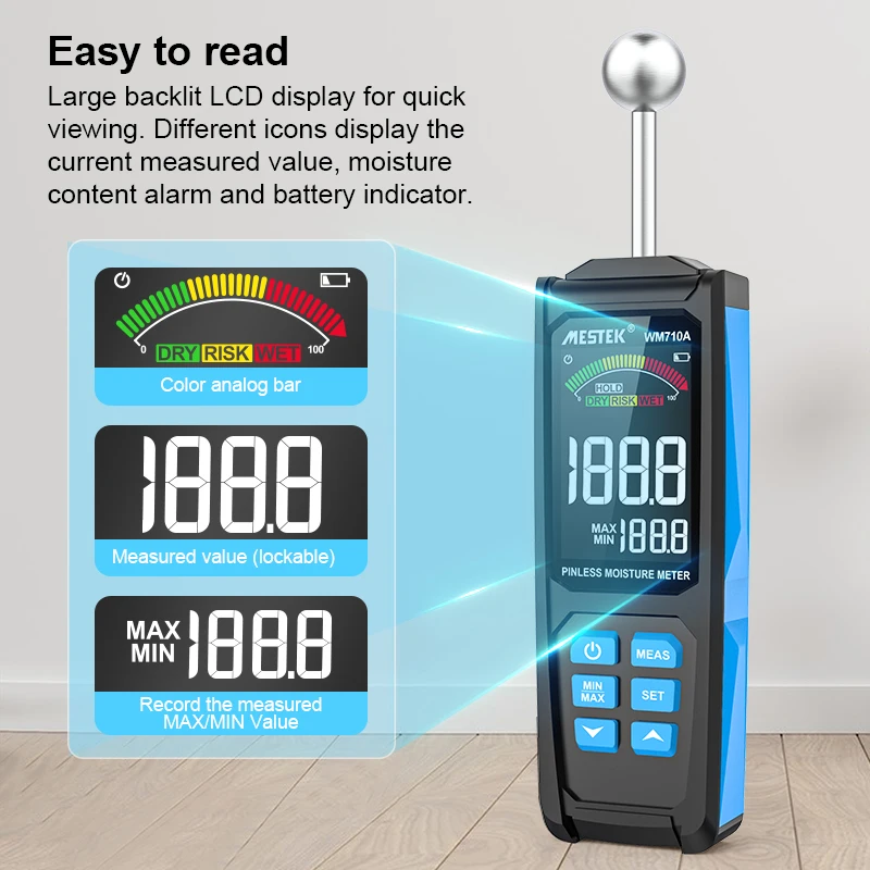 Digitale Bal Sonde Mositure Meter Niet-Invasieve Hout Vochtmeter Wm710a Pinloze Apparaat-Sferische Mositure Meter