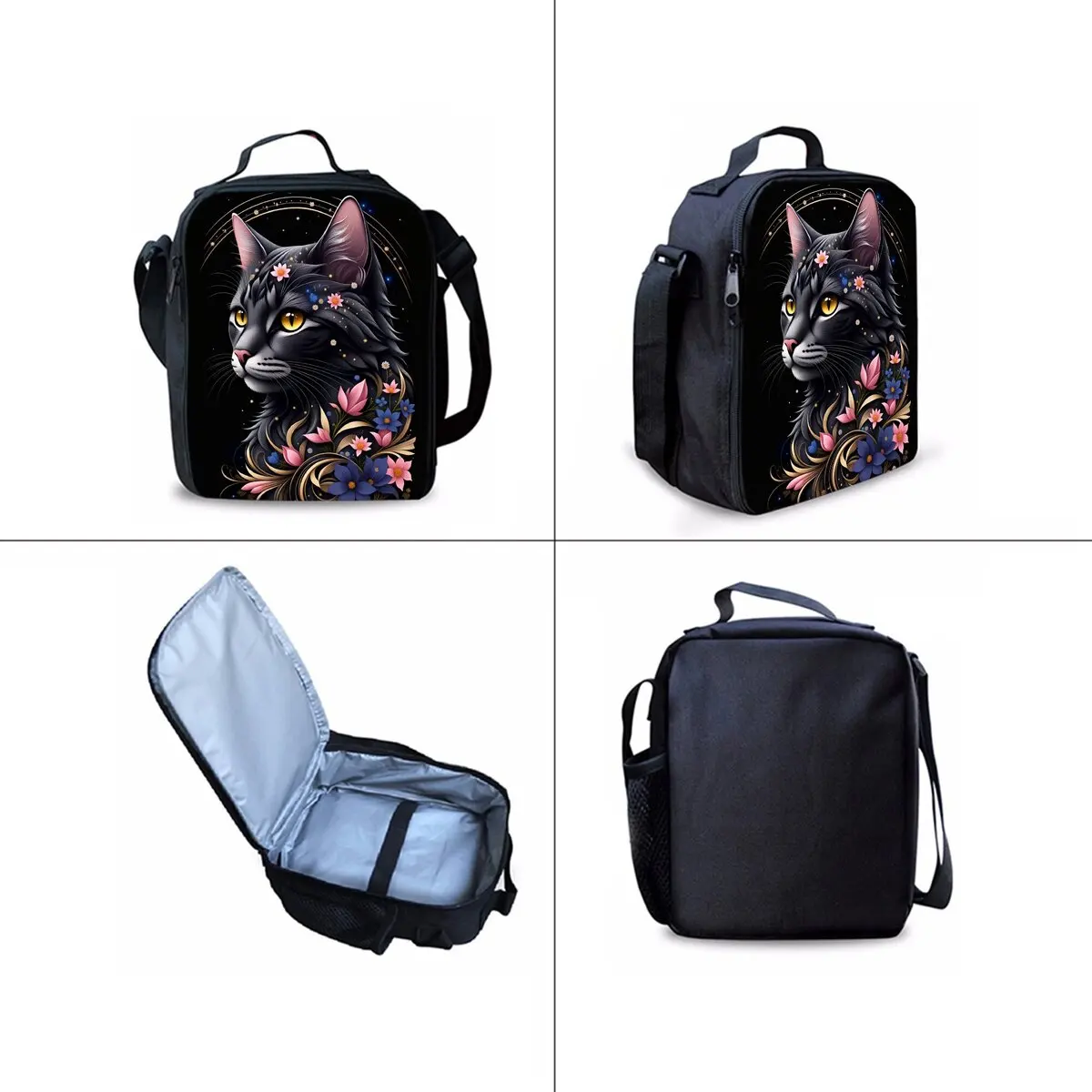 مجموعة حقائب ظهر مكونة من ثلاث قطع مطبوعة على شكل قطة سوداء على شكل زهرة للأولاد والبنات أفضل الهدايا حقيبة مدرسية كرتونية ثلاثية الأبعاد للأطفال