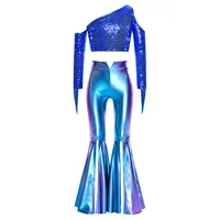 Conjunto de desfile para niñas, Top de lentejuelas con un hombro y pantalones con parte inferior de campana dividida, traje de baile disco para actuación de danza del vientre