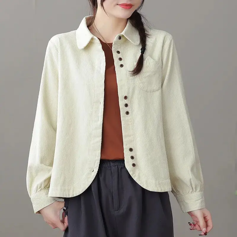 2023 New Spring and Autumn Simple Retro Literature Loose Relaxed Lapel Solid Color Long Sleeve Slim Women's Corduroy Coat