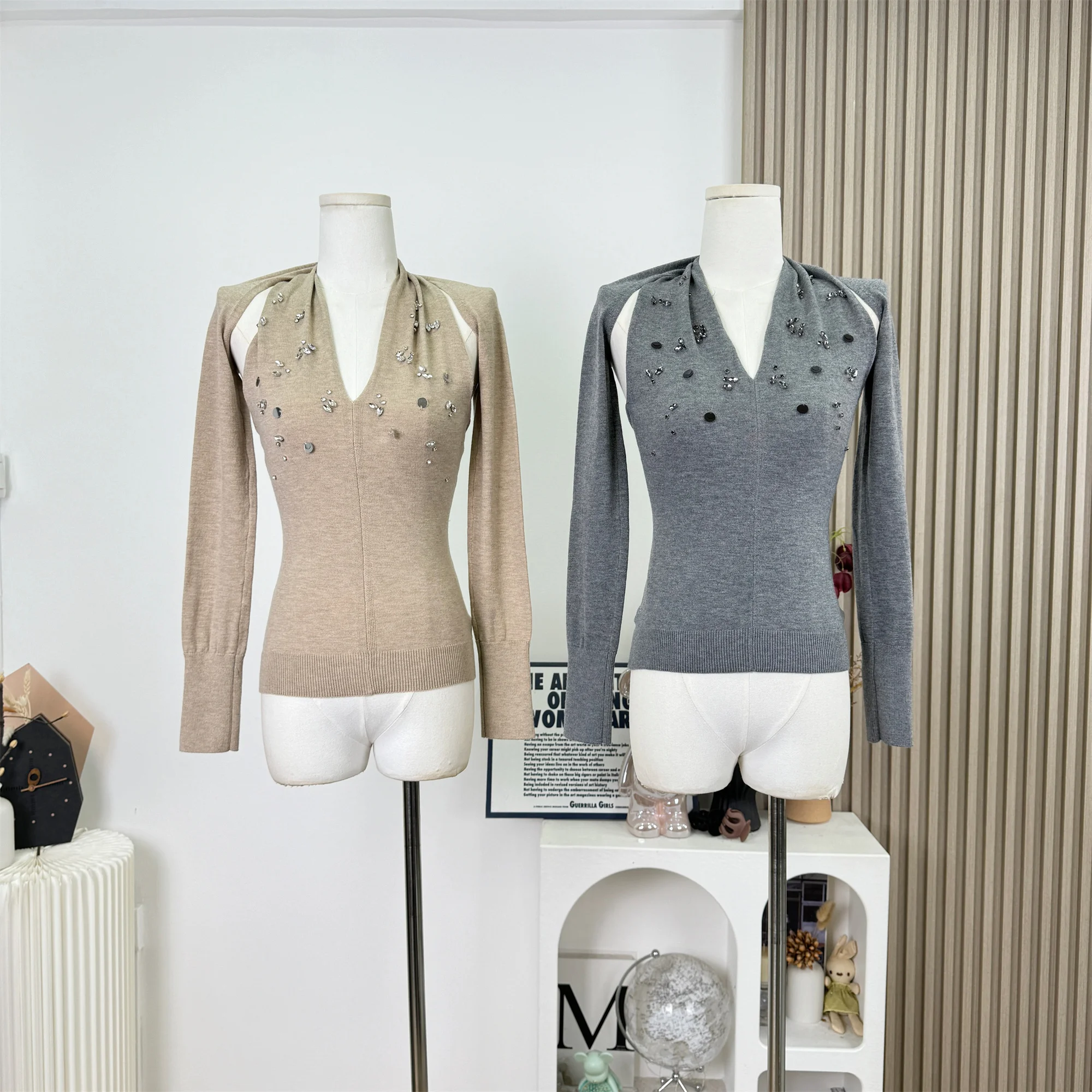 

Женский вязаный свитер с лямкой на шее и длинными рукавами, осенне-весенняя базовая рубашка, дизайн, ажурные половеры F604