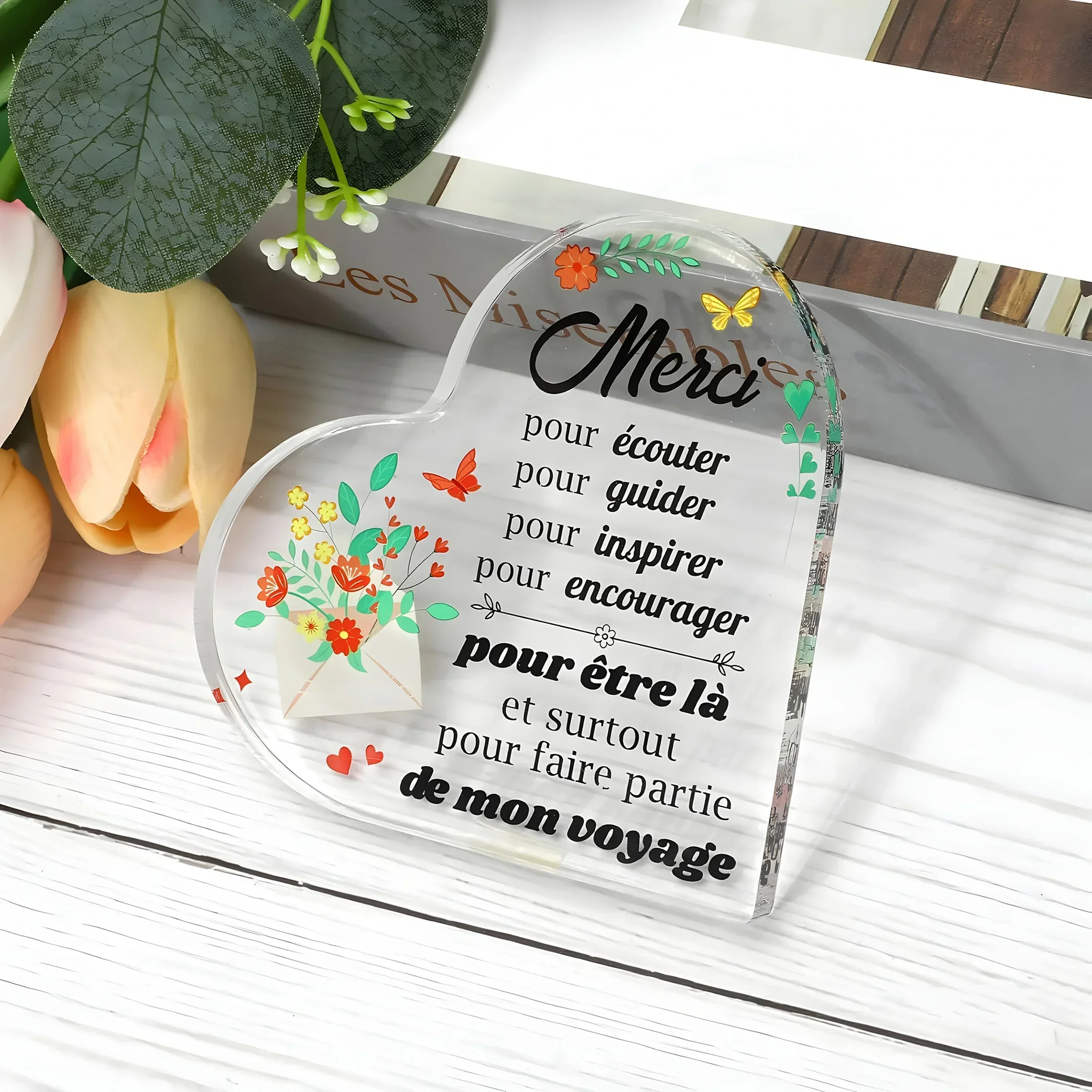French Merci Thank You Quote Heart Acrylic Plaque Floral Butterfly Design Appreciation Desk Gift