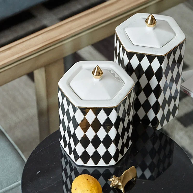 Modern Black and White Rhombus Ceramic Jars with Lid European Classical Coffee Table Storage Jar Living Room Decoration Ornament