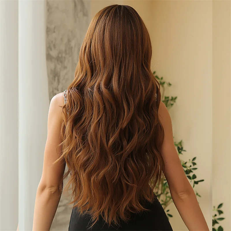 Brown Big Wavy Curly Wig Goddess Hot Girl Long Curly Hair Bangs Long Hair New Wig Set for Daily or Cosplay Parties