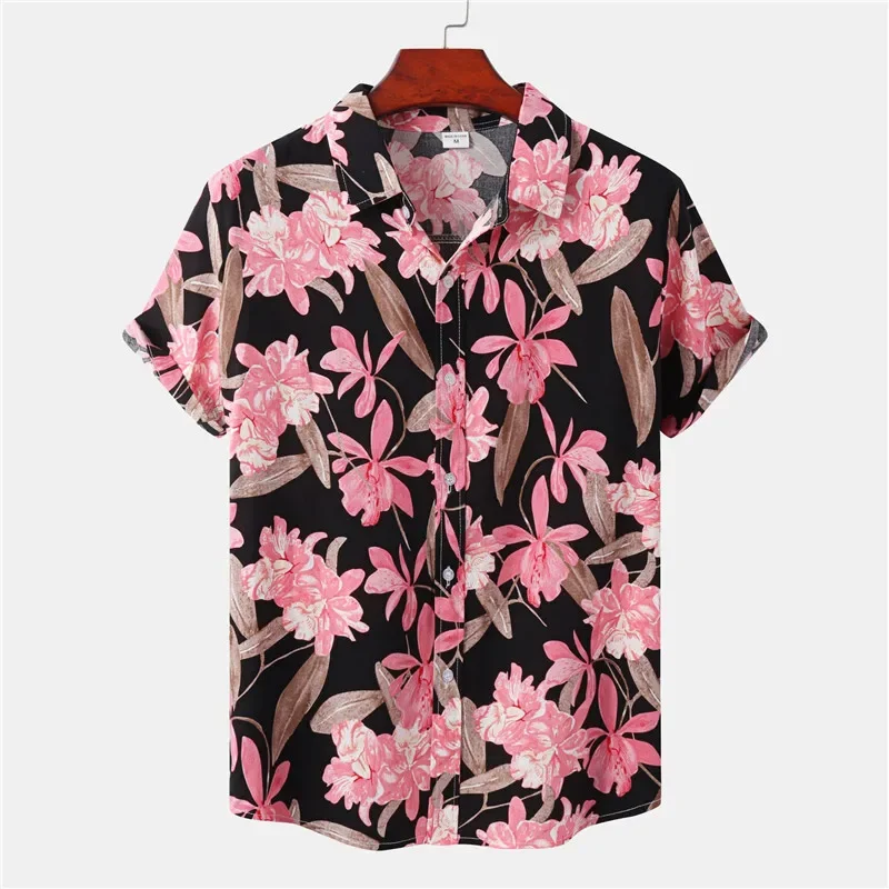 Camisa havaiana de manga curta masculina, camisa aloha praia estampa floral, preta e rosa, roupa de festa casual, verão, 2022