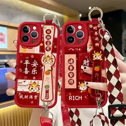 Red New Year Cartoon Protective Case with Wrist Stand for iPhone 15 Pro Max 14 Plus 13 12 11 Xsma Xr X 7 8plus Anti Drop Strap