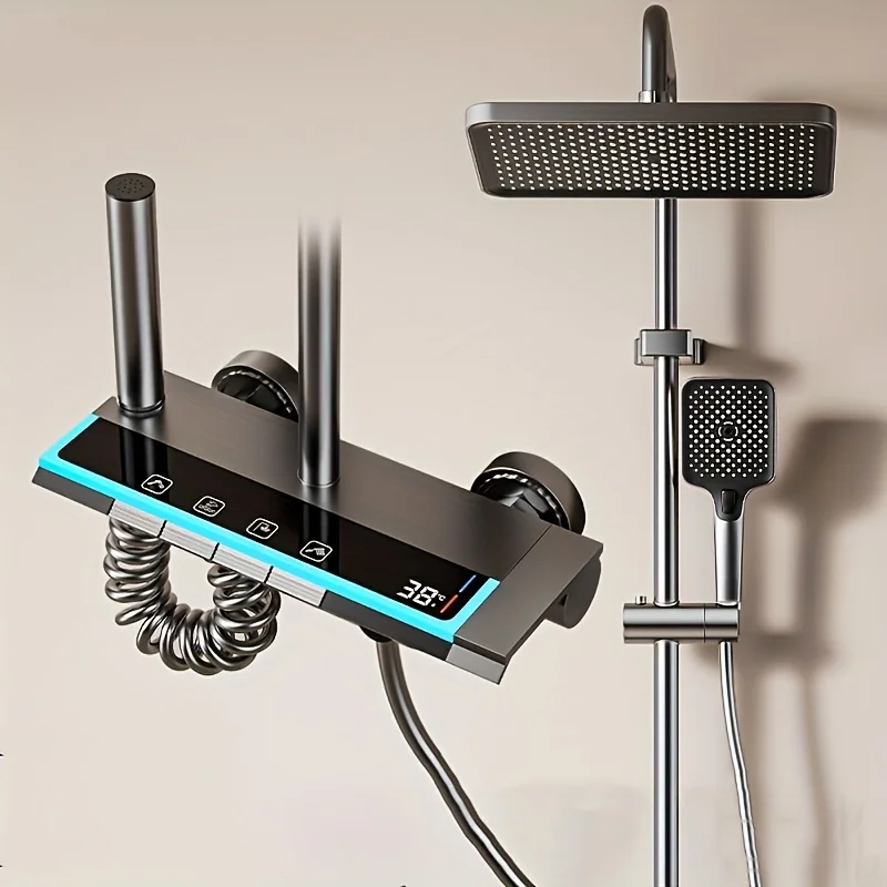 

Modern Gray Shower Set – Nanometer Tempered Glass & Lotus Bionic Tech, Ideal for Luxury Family Bathrooms