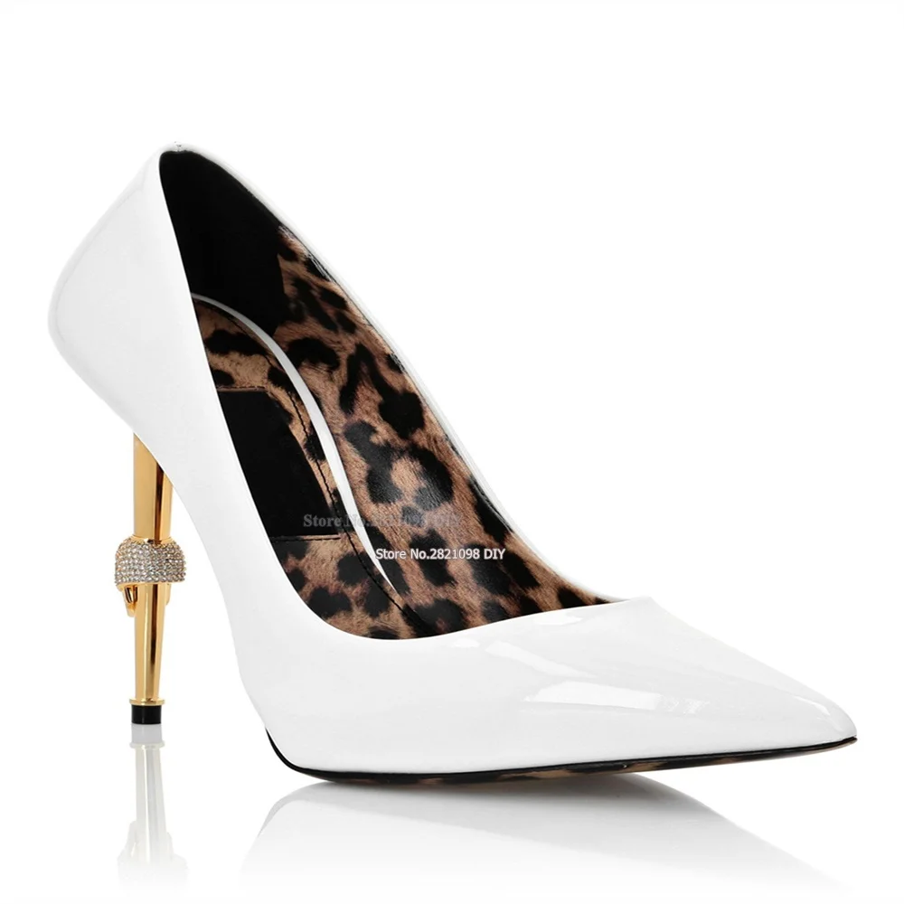 

Patent Leather Crystal Metal Heeled Stiletto High Heel Pumps Shoes for Women Pointy Toe Slip On Leopard Formal Dress Shoes